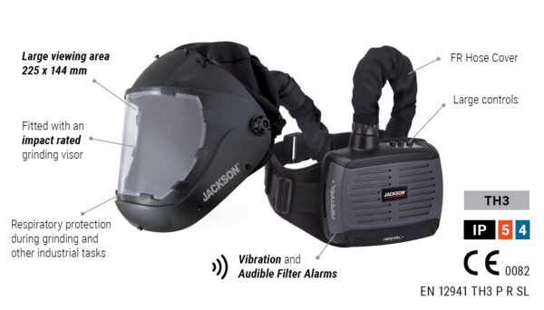 Alternative view of Jackson Airmax+ PAPR system med F50 ansiktsskjerm